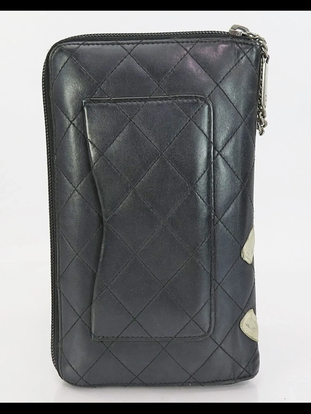 CHANEL Black Quilted Leather Zip Wallet with White CC Patch